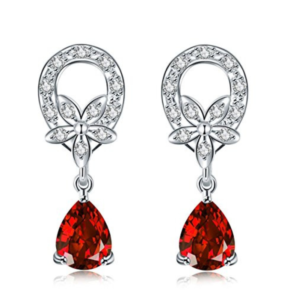 Red Ruby CZ Silver  Plumera Floral Drop Earrings